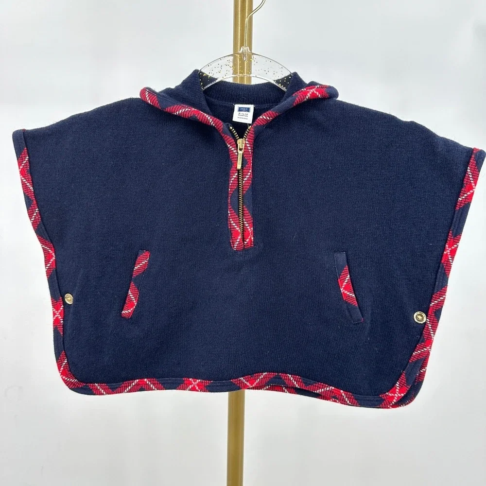 Janie and Jack Girls Plaid Trim Cape 6-12‎ Months Wool Blend Navy Jacket Poncho - Picture 3 of 7